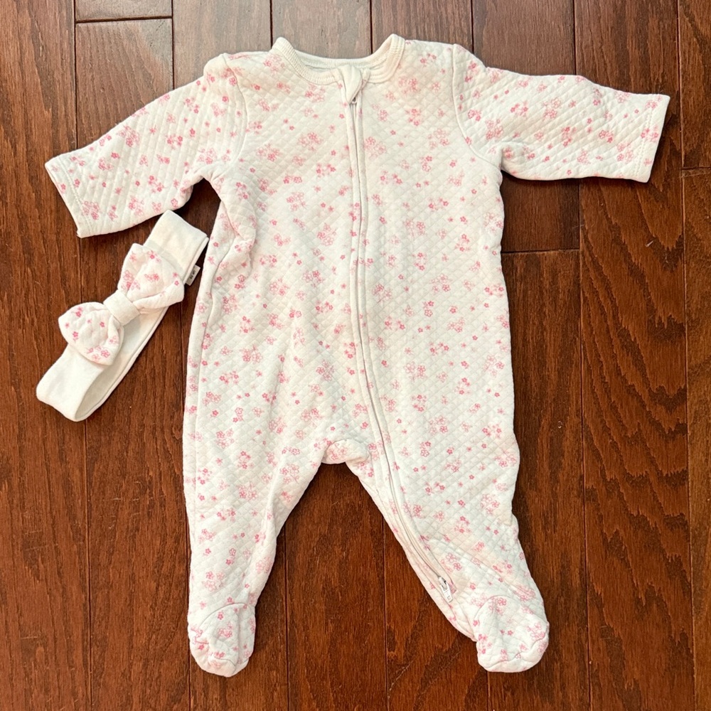 Little Me Pink Floral Footie Pajamas with Bow Headband, 3M